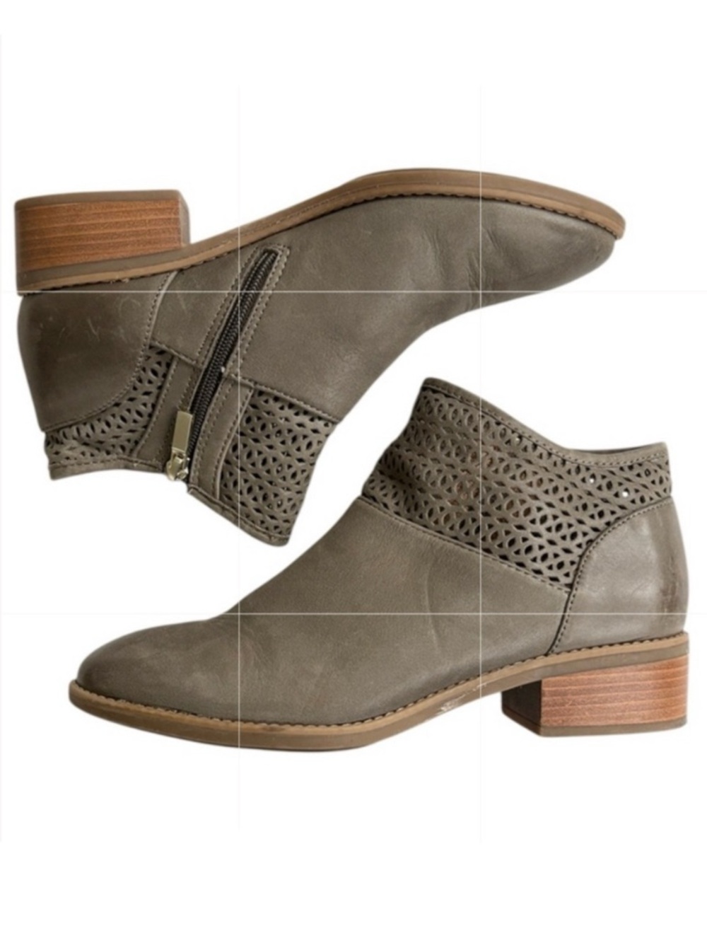 EUC Comfortiva Leather Cailean Laser Cut Ankle Booties Olive Size 9 Wide Width